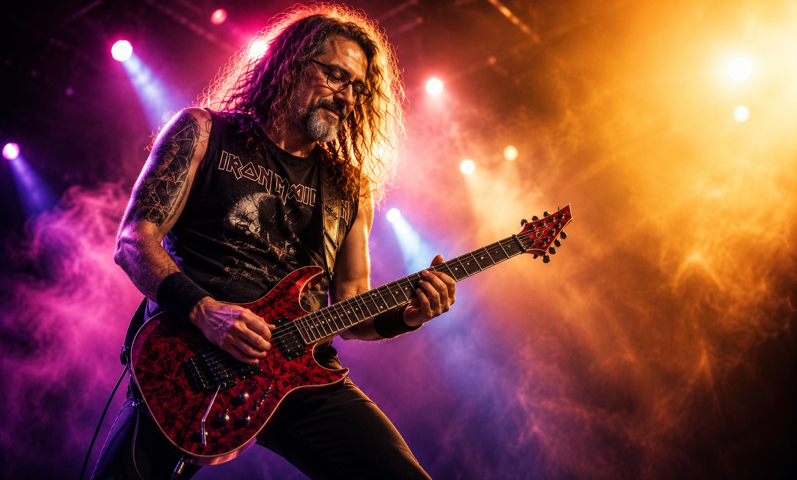 A younger Mark Turner playing guitar on stage